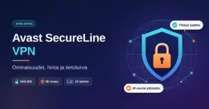 Kuvituskuva, jossa on teksti "Avast SecureLine VPN – Ominaisuudet, hinta ja tietoturva", AES-256-salausta, 36 maata ja 10 laitetta korostavat merkit sekä maapallon edessä oleva suojakilpi ja riippulukko, jotka kuvaavat salattua ja yksityistä VPN-yhteyttä.