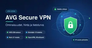 Tummansininen kuvitus, jossa maapallon edessä on vihreä kilpi ja riippulukko sekä tekstit "AVG Secure VPN – ominaisuudet, hinta ja tietoturva", AES-256-salaus, enintään 10 laitetta, noin 37 maata ja "IP-osoite piilotettu".