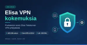 Tummansininen kuvitus, jossa on teksti "Elisa VPN kokemuksia" sekä kilpi ja riippulukko, joihin kannettava tietokone, puhelin ja maapallo yhdistyvät salatulla VPN-yhteydellä, ja tietolaput AES-256-salauksesta, OpenVPN- ja IKEv2-protokollista sekä hinnasta alk. 3,99 €/kk.