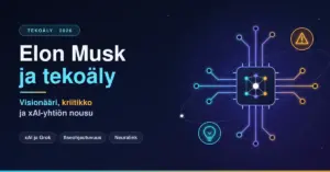 Tummansininen kuvitus, jossa hehkuva tekoälysiru piirilevyratoineen, lamppu- ja varoitusmerkki sekä teksti "Elon Musk ja tekoäly – Visionääri, kriitikko ja xAI-yhtiön nousu".