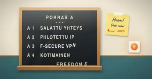 Rappukäytävän asukasluettelotaulu, jossa uudet valkoiset kirjaimet muodostavat nimen F-SECURE VPN, vanhat FREEDOME-kirjaimet lepäävät irrotettuina taulun alareunalla ja seinälle teipattu lappu ilmoittaa uudesta nimestä vuonna 2026.