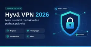 Tummansininen kuvitus, jossa otsikko "Hyvä VPN 2026", hyvän VPN-palvelun valintakriteerit nopeus, yksityisyys, suoratoisto ja hinta sekä maapallon verkkoyhteyksien keskellä oleva kilpi ja lukko.