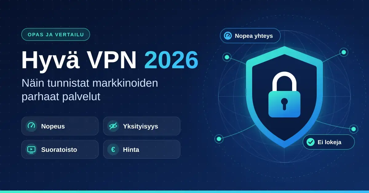Tummansininen kuvitus, jossa otsikko "Hyvä VPN 2026", hyvän VPN-palvelun valintakriteerit nopeus, yksityisyys, suoratoisto ja hinta sekä maapallon verkkoyhteyksien keskellä oleva kilpi ja lukko.