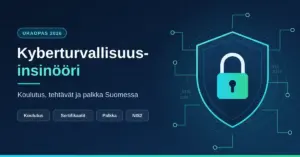 Tummansininen kyberturvallisuusaiheinen kuva, jossa on teksti "Kyberturvallisuusinsinööri – koulutus, tehtävät ja palkka Suomessa" sekä piirilevykuvioiden ympäröimä kilpi ja riippulukko.