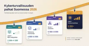 Kuvitus, jossa nousevaan oranssiin kaulanauhaan kiinnitetyt neljä kulkukorttia tasoilta 1–4 esittävät kyberturvallisuusalan palkkahaarukat Suomessa vuonna 2026: SOC-analyytikosta (3 500–4 300 €/kk) asiantuntijan ja arkkitehdin kautta CISO:n 8 000+ €/kk:n palkkaan, ja vertailukohtana on kaikkien palkansaajien mediaani 3 611 €/kk.