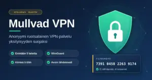 Tummansininen kuvitus, jossa Mullvad VPN -otsikon vieressä on vihreä kilpi ja riippulukko, satunnainen tilinumero ilman sähköpostia tai salasanaa sekä palvelun ominaisuuksia, kuten WireGuard, kiinteä hinta 5 €/kk ja avoin lähdekoodi.
