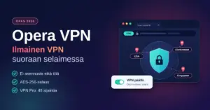 Graafinen kuvitus Opera VPN -oppaaseen: selainikkuna, jossa VPN-merkki, lukolla varustettu suojakilpi maapallon päällä sekä ilmaisversion sijainnit USA, Alankomaat ja Singapore, vieressä teksti "Ilmainen VPN suoraan selaimessa".