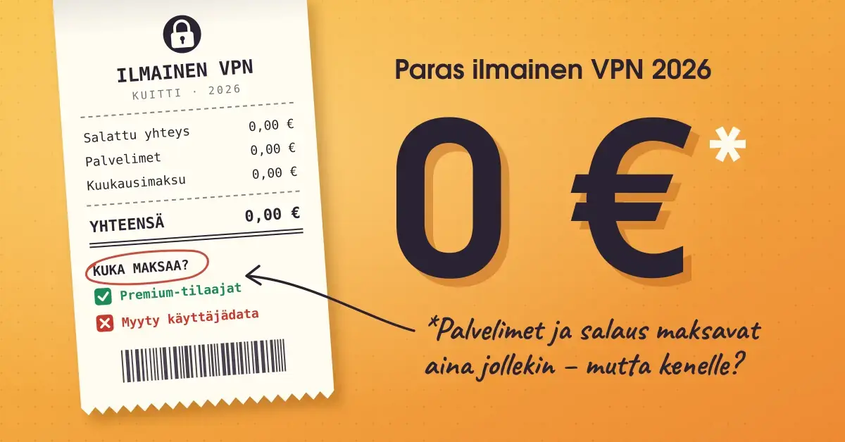 Oranssi kuvitus, jossa ilmaisen VPN:n kuitti näyttää loppusummaksi 0,00 € ja kysyy "Kuka maksaa?" vaihtoehtoina premium-tilaajat tai myyty käyttäjädata, ja sen vieressä suuri "0 €*" sekä alaviite "Palvelimet ja salaus maksavat aina jollekin – mutta kenelle?".