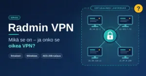 Tummansininen kuvitus, jossa on otsikko "Radmin VPN" ja kysymys "Mikä se on – ja onko se oikea VPN?" sekä neljä tietokonetta, jotka on yhdistetty salattujen tunneleiden kautta lukkosymboliin samassa virtuaalisessa lähiverkossa.