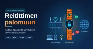 Kuvituksessa reitittimen palomuuri päästää internetistä tulevan sallitun datapaketin kotiverkon reitittimelle ja laitteille mutta pysäyttää haitallisen paketin tiiliseinään ja lukkokilpeen.