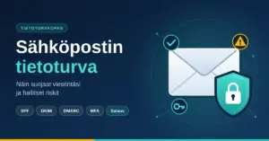 Tummansininen kuvitus, jossa kirjekuoren edessä on turkoosi kilpi ja riippulukko sekä teksti "Sähköpostin tietoturva – näin suojaat viestintäsi ja hallitset riskit" ja tunnisteet SPF, DKIM, DMARC, MFA ja Salaus.