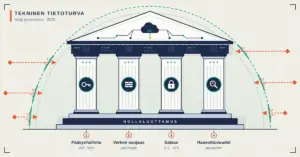 Piirustustyylinen kuvitus, jossa digitaalista infrastruktuuria kannattelevan temppelin neljä pylvästä kuvaavat teknisen tietoturvan peruspilareita – pääsynhallintaa, verkon suojausta, salausta ja haavoittuvuuksien hallintaa – nollaluottamuksen perustalla, kun taas suojakupu pysäyttää sitä kohti lentävät uhat.
