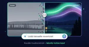Kuvitus, jossa suomalainen järvimaisema on jaettu ennen–jälkeen-vertailuun: harmaa alkuperäinen kuva muuttuu pikseli kerrallaan versioksi, jossa on revontulien valaisema tähtitaivas ja lämpimästi valaistu saunamökki, kun tekoälylle annetaan kehote ”Lisää taivaalle revontulet”.