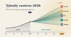 Kuvitus, jossa tekoälyn kehitystä kuvaava yhtenäinen viiva kulkee vuodesta 2023 nykyhetkeen ("Jo totta") ja haarautuu sitten vuoteen 2030 levenevänä ennusteviuhkana ("Vasta ennustetta"), jonka päissä ovat terveys, koulutus, työ, energia ja sääntely sekä ylöspäin karkaava kysymys "AGI?".