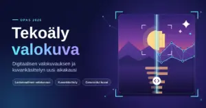 Kuvitus, jossa auringonlaskumaisemaa esittävä valokuva on jaettu alkuperäiseen ja tekoälyn käsittelemään pikselöityyn puoliskoon, ja sen vieressä on otsikko ”Tekoäly valokuva – digitaalisen valokuvauksen ja kuvankäsittelyn uusi aikakausi”.