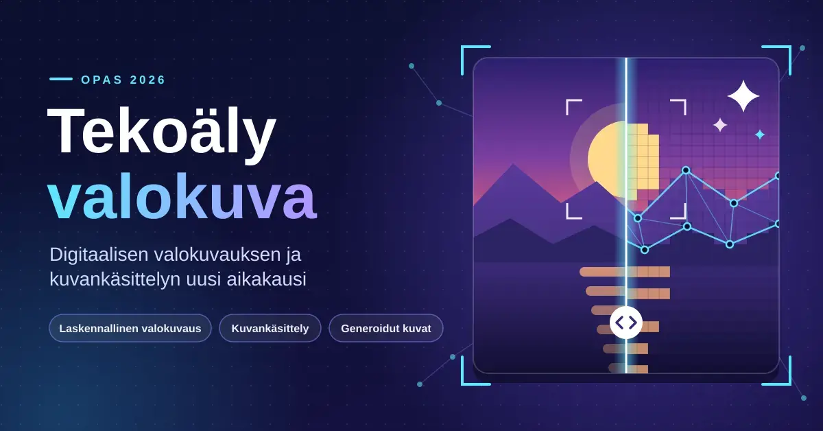 Kuvitus, jossa auringonlaskumaisemaa esittävä valokuva on jaettu alkuperäiseen ja tekoälyn käsittelemään pikselöityyn puoliskoon, ja sen vieressä on otsikko ”Tekoäly valokuva – digitaalisen valokuvauksen ja kuvankäsittelyn uusi aikakausi”.