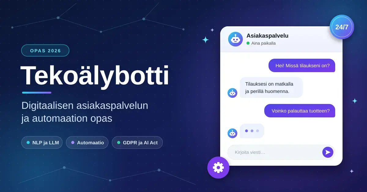 Kuvitus, jossa otsikko "Tekoälybotti – digitaalisen asiakaspalvelun ja automaation opas" ja vieressä tekoälybotin chat-ikkuna, jossa botti vastaa asiakkaan tilauskysymykseen ympäri vuorokauden.