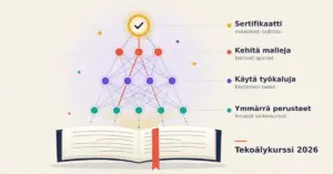 Kuvitus, jossa avoimen kirjan sivuilta nousee neuroverkko, jonka kerrokset ”Ymmärrä perusteet”, ”Käytä työkaluja” ja ”Kehitä malleja” johtavat huipulla olevaan sertifikaattisinettiin, ja vieressä lukee ”Tekoälykurssi 2026”.