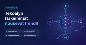 Tummansininen kuvitus, jossa otsikko "Tekoälyn tärkeimmät nousevat trendit", trenditunnisteet generatiivinen, agenttimainen, multimodaalinen ja pienet kielimallit sekä neuroverkkoa kuvaava mikrosiru, jota ympäröivät trendien kuvakkeet ja nouseva käyrä.