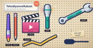 Kuvitus, jossa reikälevyseinälle on ripustettu tekoälysovellusten työkaluja, kuten pikseleistä koostuva sivellin, kynä, klaffitaulu, mikrofoni, koodimerkillä varustettu kiintoavain ja nousevaksi käyräksi taitettu metrimitta, ja tyhjän työkalupaikan yllä riippuva lappu kysyy ”Mikä sopii sinulle?”.