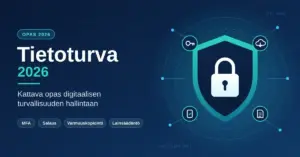 Tummansininen tietoturvagrafiikka, jossa oikealla on kilpi ja riippulukko avain-, pilvivarmuuskopio-, tunnistautumis- ja asiakirjakuvakkeiden ympäröimänä ja vasemmalla teksti ”Tietoturva 2026 – Kattava opas digitaalisen turvallisuuden hallintaan” sekä aihetunnisteet MFA, Salaus, Varmuuskopiointi ja Lainsäädäntö.