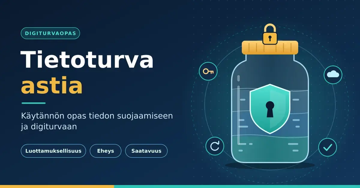 Kuvituskuva, jossa lukitulla kannella suljetun lasiastian sisällä on avaimenreiällinen kilpi ja tietokerroksia, ja sen vieressä teksti "Tietoturva astia – Käytännön opas tiedon suojaamiseen ja digiturvaan" sekä tiedon suojaamisen peruspilarit luottamuksellisuus, eheys ja saatavuus.