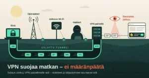 Kuvitus, jossa VPN:n salattu tunneli kulkee maan alla käyttäjän kannettavalta VPN-palvelimelle operaattorin, julkisen Wi-Fin ja hakkerin ulottumattomissa, mutta palvelimen jälkeen punainen silmä seuraa liikennettä verkkosivulle ja teksti kertoo: ”VPN suojaa matkan – ei määränpäätä”.