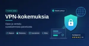 Tummansininen kuvitus, jossa otsikko "VPN-kokemuksia", nopeutta, tietoturvaa, suoratoistoa ja hintaa kuvaavat tunnisteet sekä kannettava tietokone, joka on yhteydessä maapallokuvakkeeseen salatun tunnelin ja lukkokuvakkeella varustetun kilven kautta.