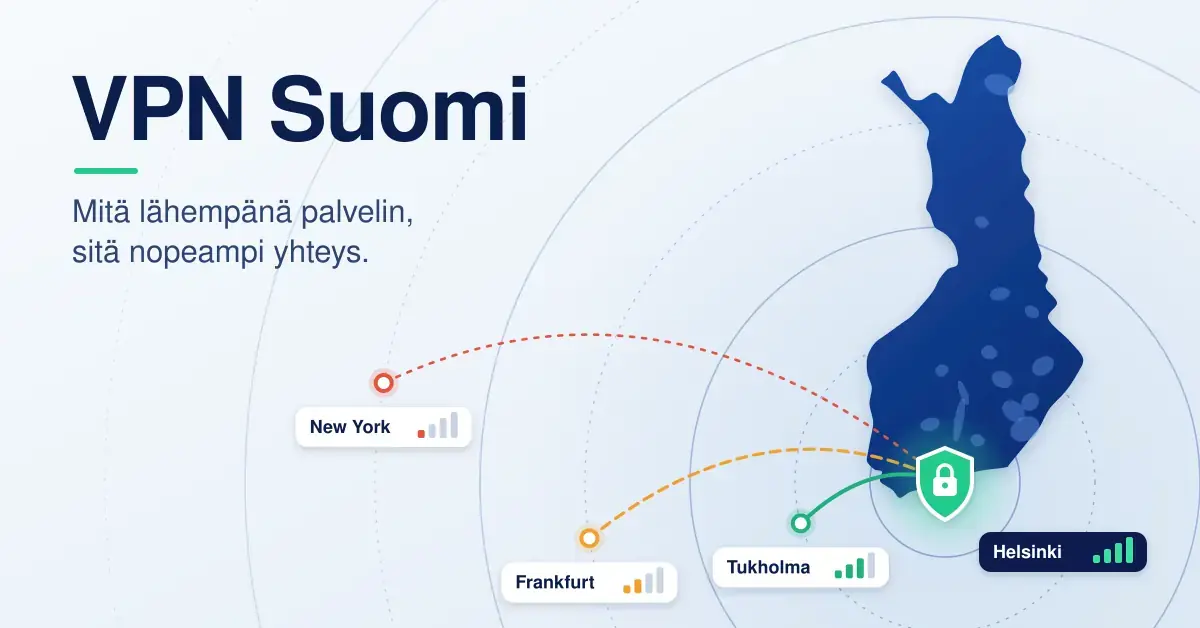 Kuvitus, jossa Suomen kartan Helsinkiin sijoitetusta vihreästä VPN-lukkokilvestä leviävät etäisyysrenkaat ja kaarevat yhteysviivat Tukholman, Frankfurtin ja New Yorkin palvelimille osoittavat, että mitä lähempänä palvelin on, sitä nopeampi yhteys on.