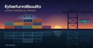 Kuvitus, jossa Kotkan sataman konttipino ja nosturi piirtyvät auringonlaskua vasten ja yksi konteista on valaistu CyberLab-palvelinsali, kun taas veden pinnassa sama satama heijastuu digitaalisena rautalankamallina eli VirtualLab-harjoitusympäristönä.
